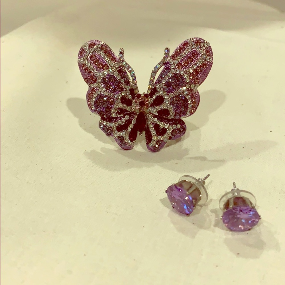 Butterfly stretch ring w faux amethyst earrings